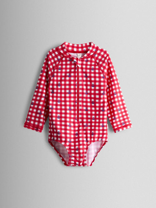 JoJo Maman Bébé Red Gingham Nautical Long Sleeve Sunsafe Swimsuit image 1