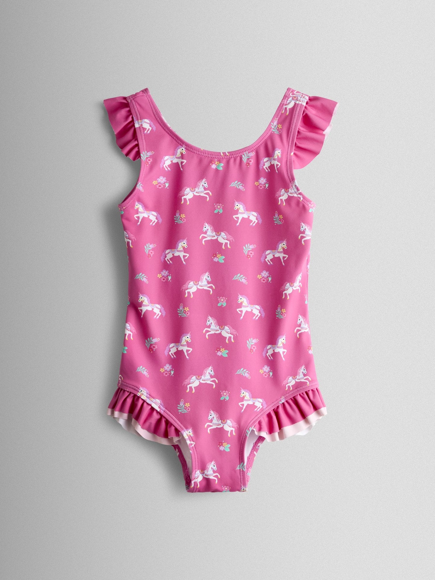 JoJo Maman Bébé Fuchsia Pink Floral Unicorn Wavy Stripe Swimsuit image 2