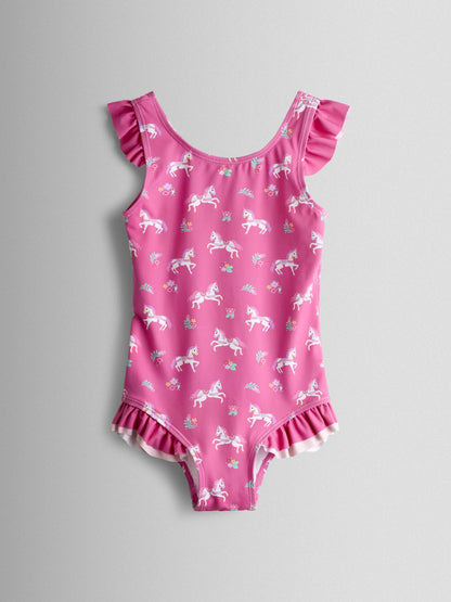 JoJo Maman Bébé Fuchsia Pink Floral Unicorn Wavy Stripe Swimsuit image 2