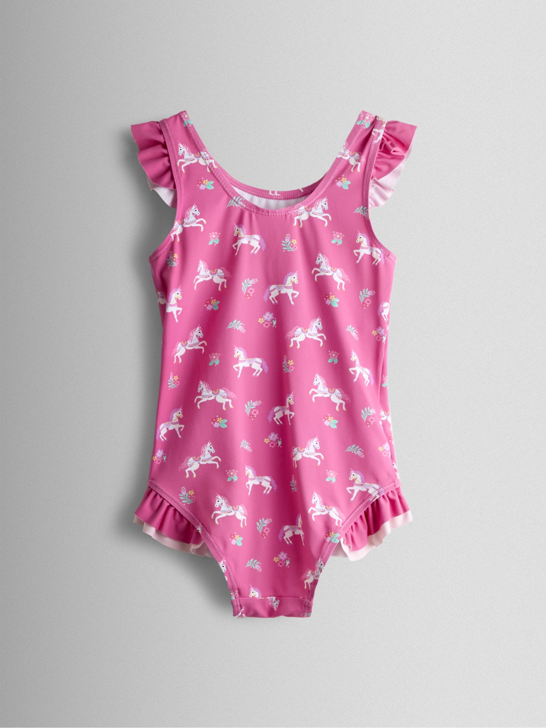 JoJo Maman Bébé Fuchsia Pink Floral Unicorn Wavy Stripe Swimsuit image 3