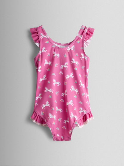 JoJo Maman Bébé Fuchsia Pink Floral Unicorn Wavy Stripe Swimsuit image 3