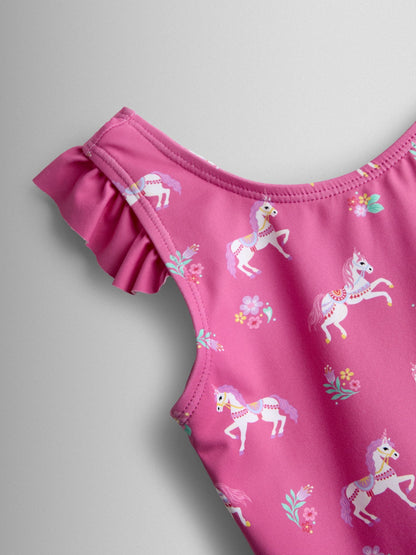 JoJo Maman Bébé Fuchsia Pink Floral Unicorn Wavy Stripe Swimsuit image 4