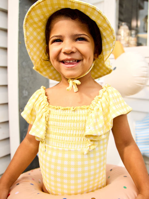 Dsiney Kidz - JoJo Maman Bébé Yellow Daisy Gingham Textured Frill Sleeve Swimsuit image 1
