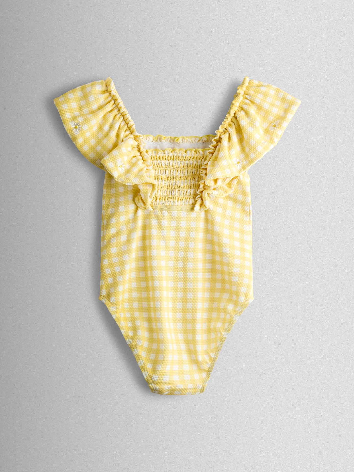 JoJo Maman Bébé Yellow Daisy Gingham Textured Frill Sleeve Swimsuit image 3