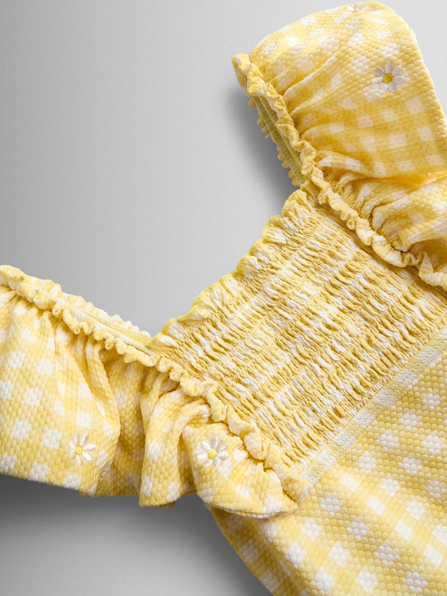JoJo Maman Bébé Yellow Daisy Gingham Textured Frill Sleeve Swimsuit image 4