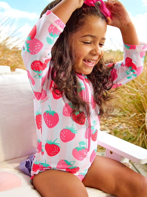 JoJo Maman Bébé Pink Strawberry Stripe Long Sleeve Sunsafe Swimsuit image 1