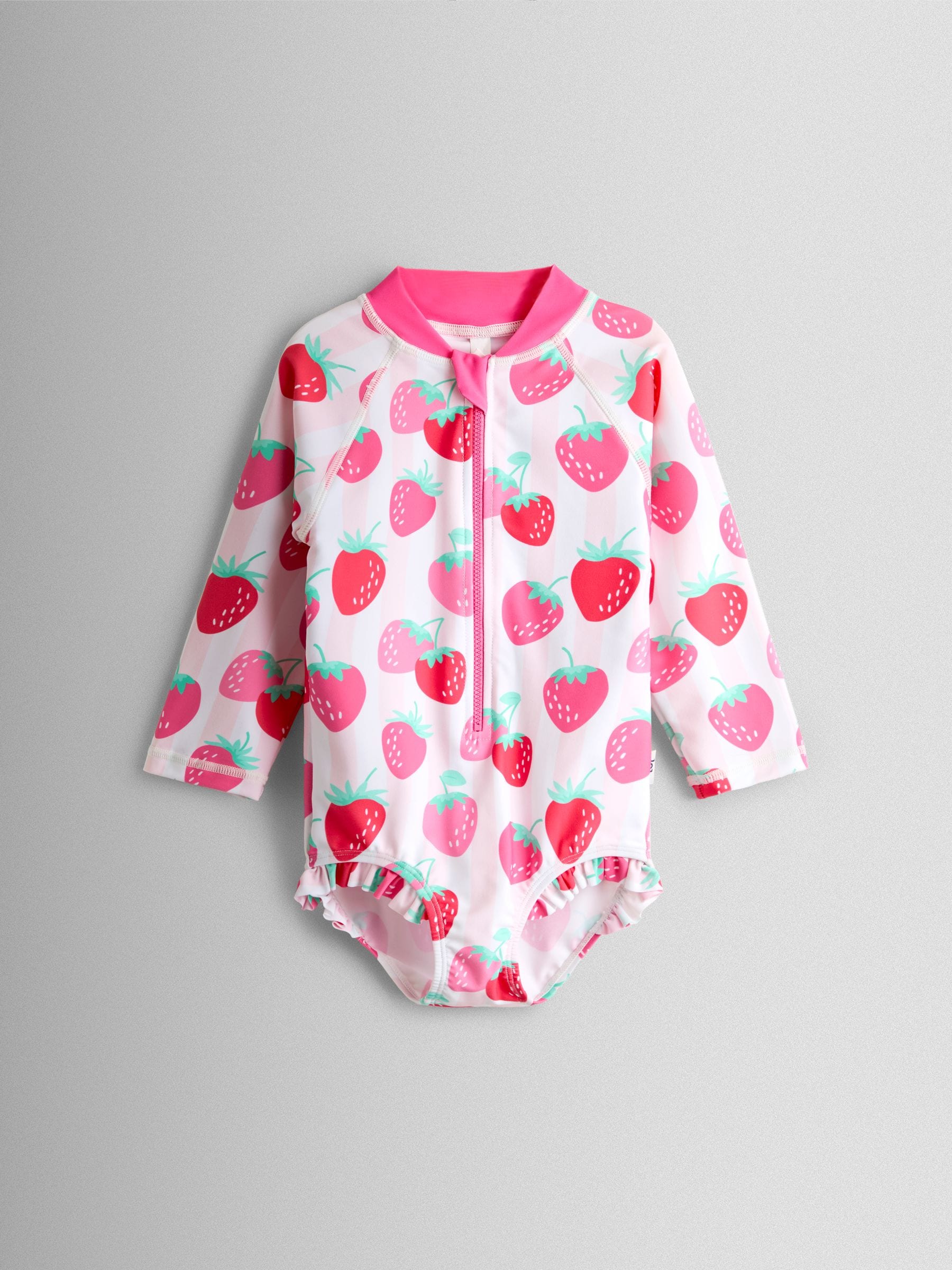 JoJo Maman Bébé Pink Strawberry Stripe Long Sleeve Sunsafe Swimsuit image 2