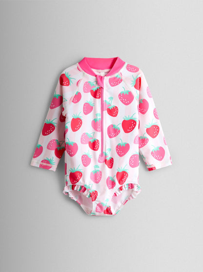 JoJo Maman Bébé Pink Strawberry Stripe Long Sleeve Sunsafe Swimsuit image 2