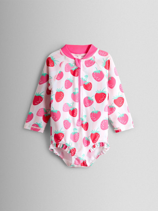 JoJo Maman Bébé Pink Strawberry Stripe Long Sleeve Sunsafe Swimsuit image 2