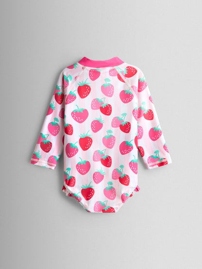 JoJo Maman Bébé Pink Strawberry Stripe Long Sleeve Sunsafe Swimsuit image 3