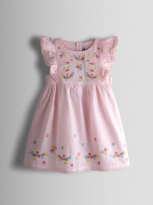 JoJo Maman Bébé Pink Seersucker Duck Frill Shoulder Embroidered Dress image 1