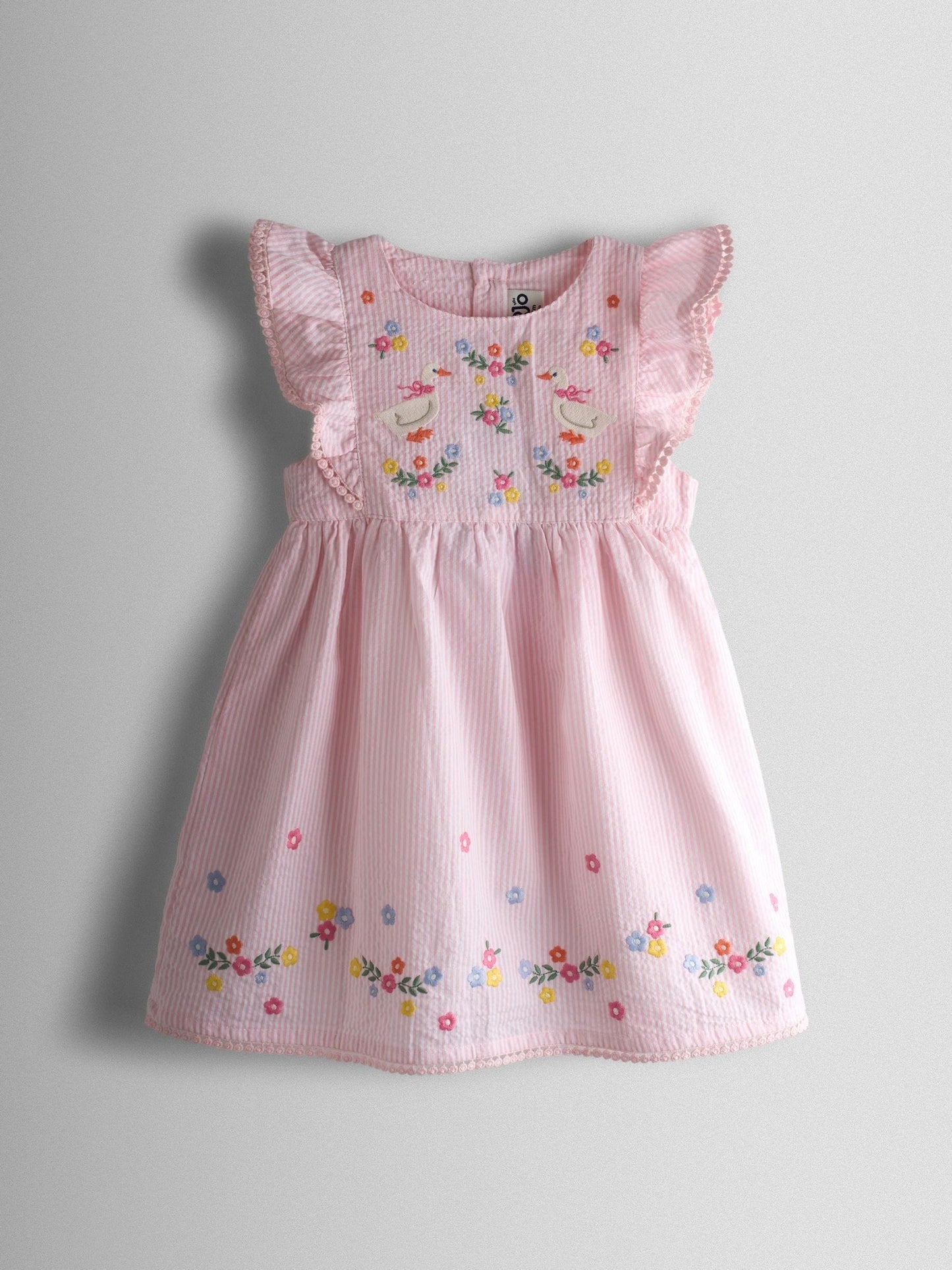JoJo Maman Bébé Pink Seersucker Duck Frill Shoulder Embroidered Dress image 1