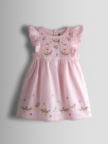 JoJo Maman Bébé Pink Seersucker Duck Frill Shoulder Embroidered Dress image 1