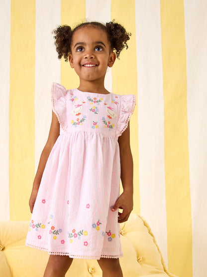 JoJo Maman Bébé Pink Seersucker Duck Frill Shoulder Embroidered Dress image 2