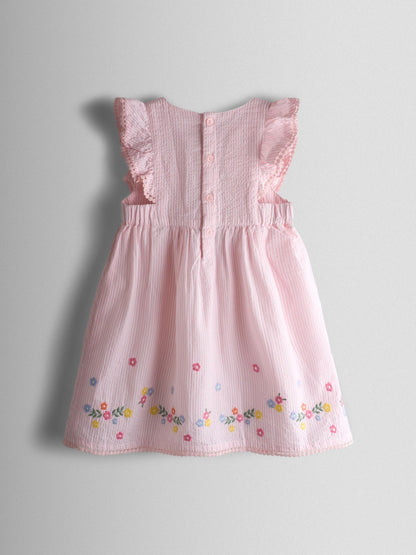JoJo Maman Bébé Pink Seersucker Duck Frill Shoulder Embroidered Dress image 3