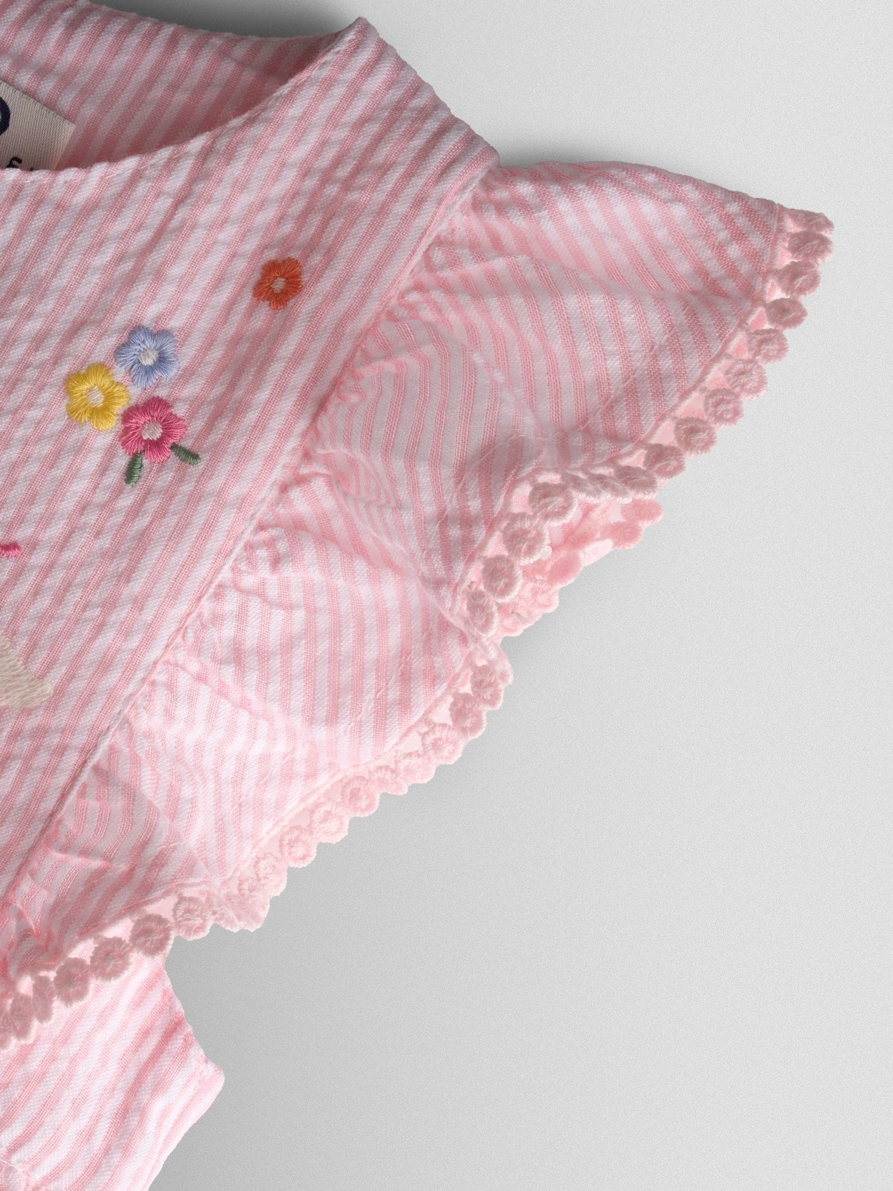 JoJo Maman Bébé Pink Seersucker Duck Frill Shoulder Embroidered Dress image 4