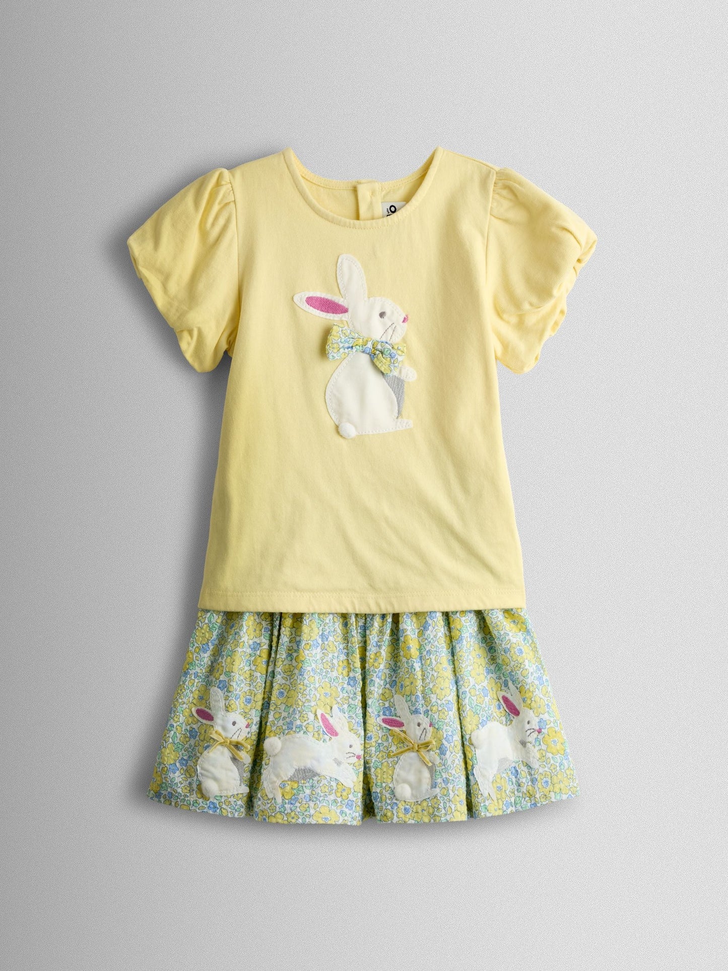 JoJo Maman Bébé Yellow Bunny Appliqué T-shirt & Seersucker Skirt Set image 1