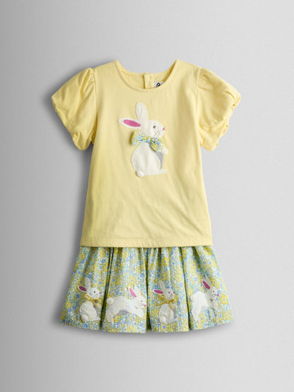 JoJo Maman Bébé Yellow Bunny Appliqué T-shirt & Seersucker Skirt Set image 1