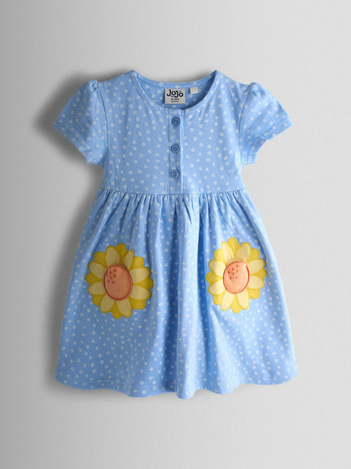 Dsiney Kidz - JoJo Maman Bébé Light Blue Sunflower Appliqué Pockets Button Front Dress image 1