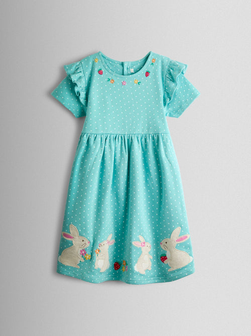 Dsiney Kidz - JoJo Maman Bébé Duck Egg Blue Bunny Appliqué Frill Short Sleeve Dress image 1