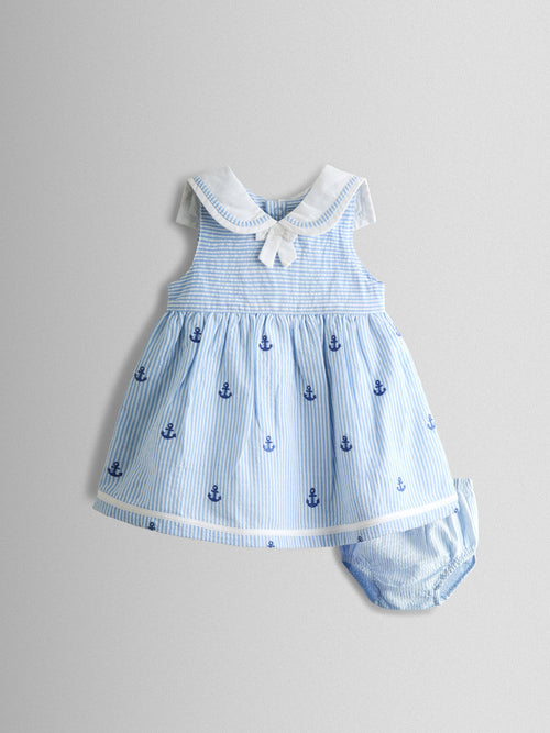 Dsiney Kidz - JoJo Maman Bébé Blue Stripe Nautical Embroidered Sailor Baby Dress image 1