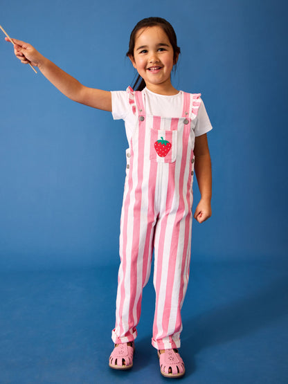 JoJo Maman Bébé Pink Strawberry Appliqué Stripe Dungaree And T-Shirt Set image 1