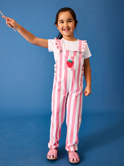 JoJo Maman Bébé Pink Strawberry Appliqué Stripe Dungaree And T-Shirt Set image 1