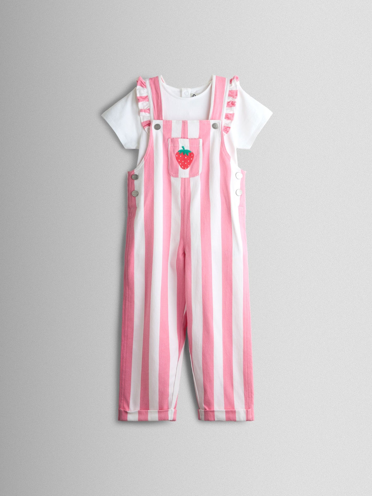 JoJo Maman Bébé Pink Strawberry Appliqué Stripe Dungaree And T-Shirt Set image 2