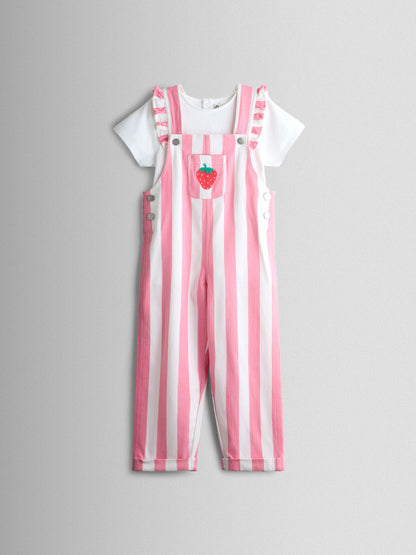JoJo Maman Bébé Pink Strawberry Appliqué Stripe Dungaree And T-Shirt Set image 2