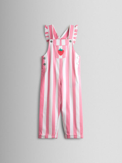 JoJo Maman Bébé Pink Strawberry Appliqué Stripe Dungaree And T-Shirt Set image 3