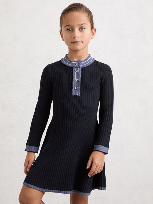 Reiss Navy Rudy 3-9 yrs Contrast-Trim Rib-Knit Skater Dress image 1