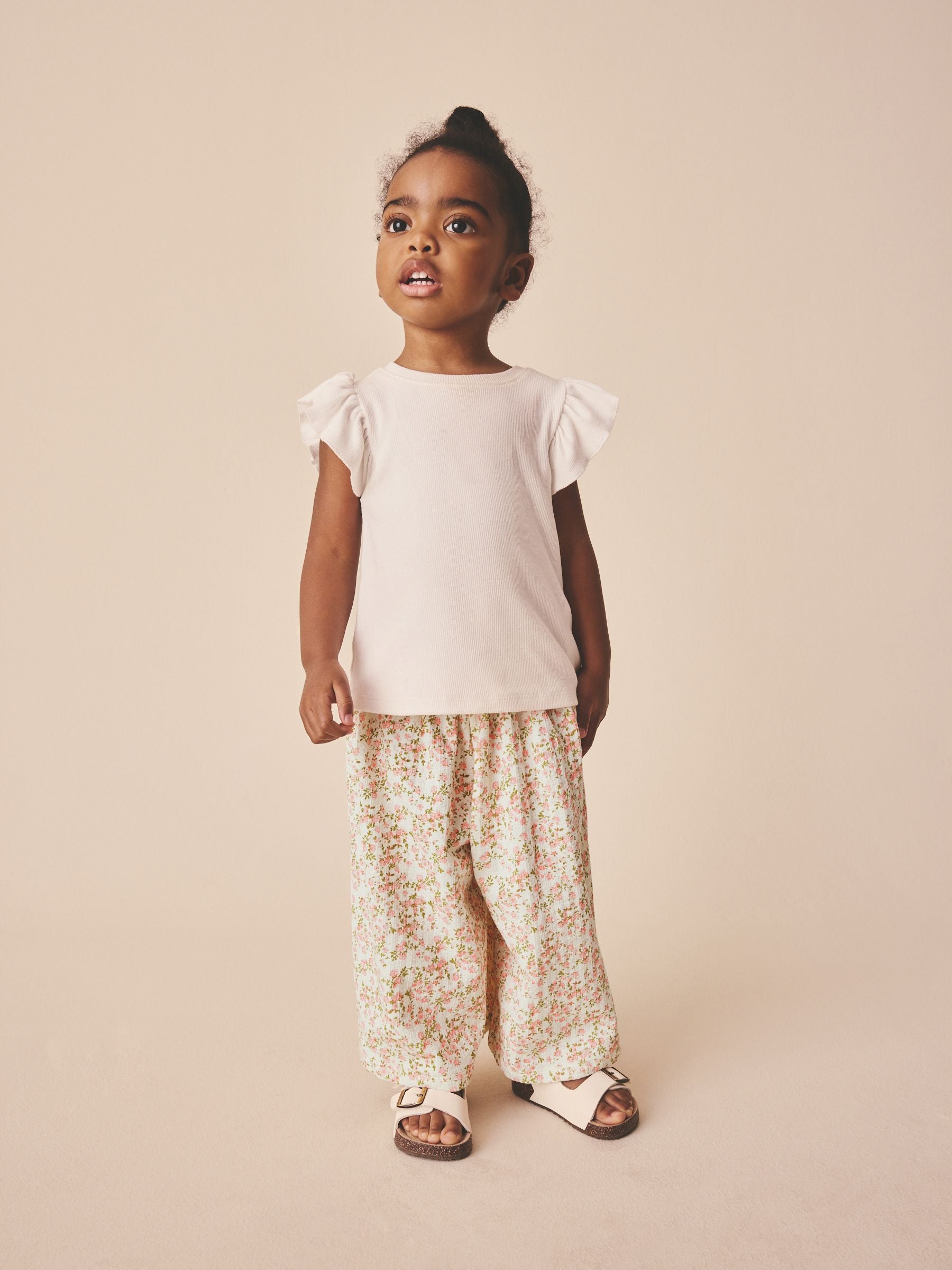 Ecru White Ditsy Floral Wide Leg Trousers (3mths-7yrs) image 2