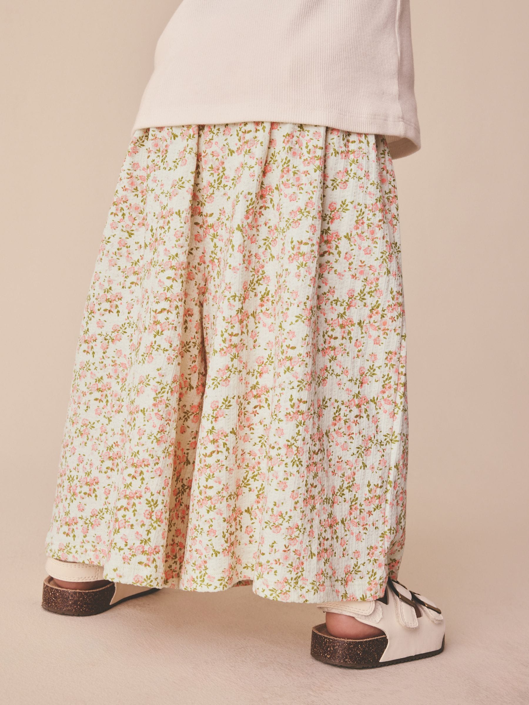 Ecru White Ditsy Floral Wide Leg Trousers (3mths-7yrs) image 3
