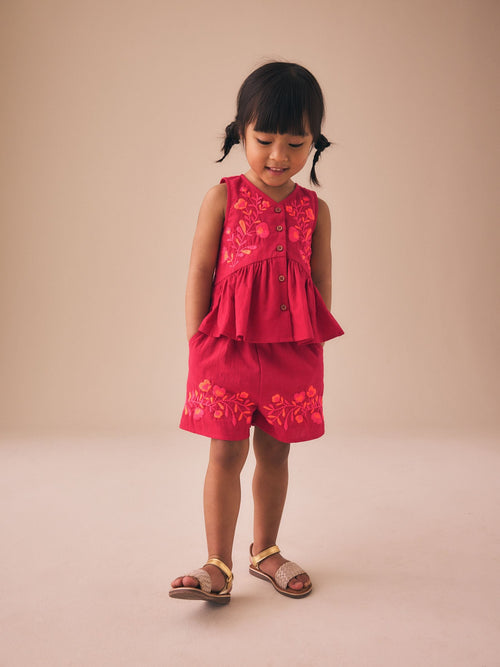 Red Embroidered Blouse And Shorts Co-ord Set (3mths-8yrs) image 1
