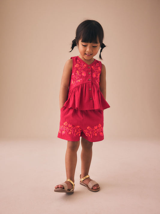 Red Embroidered Blouse And Shorts Co-ord Set (3mths-8yrs) image 1