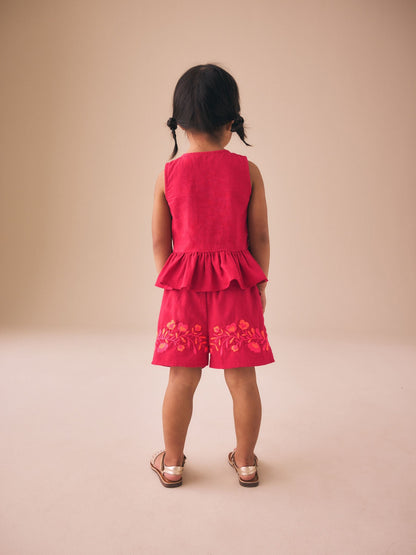Red Embroidered Blouse And Shorts Co-ord Set (3mths-8yrs) image 2