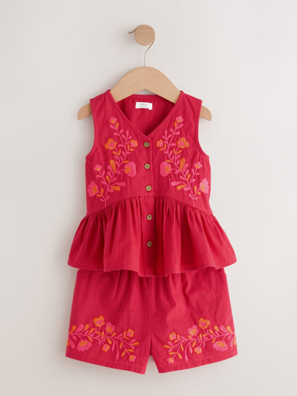 Red Embroidered Blouse And Shorts Co-ord Set (3mths-8yrs) image 4