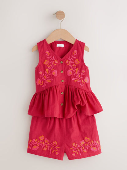 Red Embroidered Blouse And Shorts Co-ord Set (3mths-8yrs) image 5