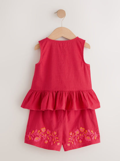 Red Embroidered Blouse And Shorts Co-ord Set (3mths-8yrs) image 6
