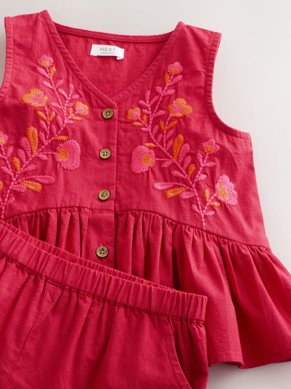 Red Embroidered Blouse And Shorts Co-ord Set (3mths-8yrs) image 7