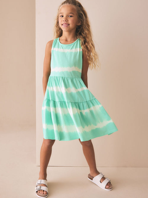 Mint Green Tie-Dye Twist Back Summer Dress (3-16yrs) image 1