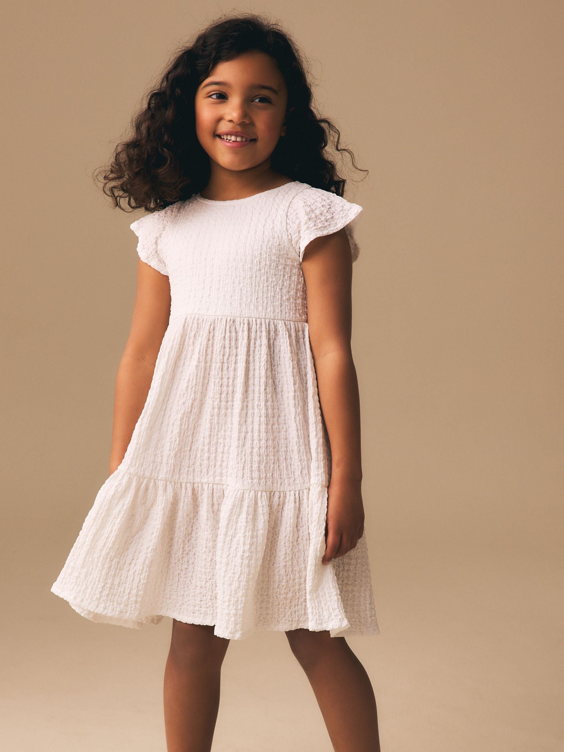 White Angel Sleeve Crinkle Dress (3-16yrs) image 3