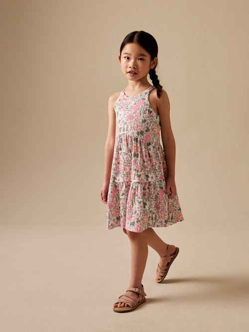 Pink Flower Print Strappy Crinkle Summer Dress (3-16yrs) image 1