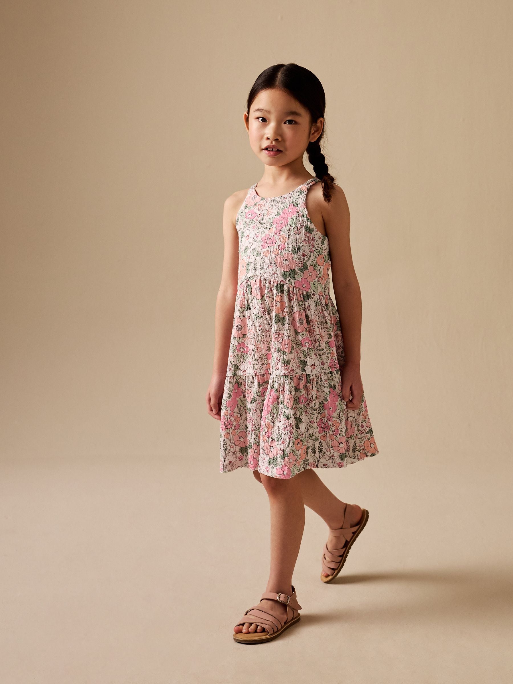 Pink Flower Print Strappy Crinkle Summer Dress (3-16yrs) image 1
