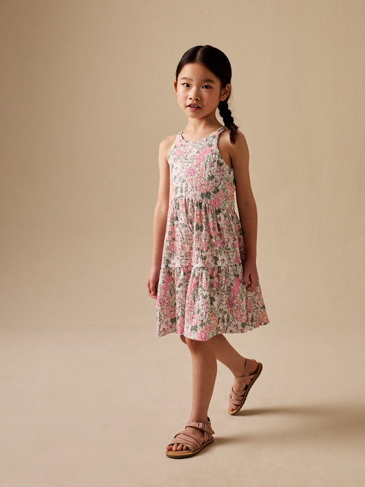 Pink Flower Print Strappy Crinkle Summer Dress (3-16yrs) image 1