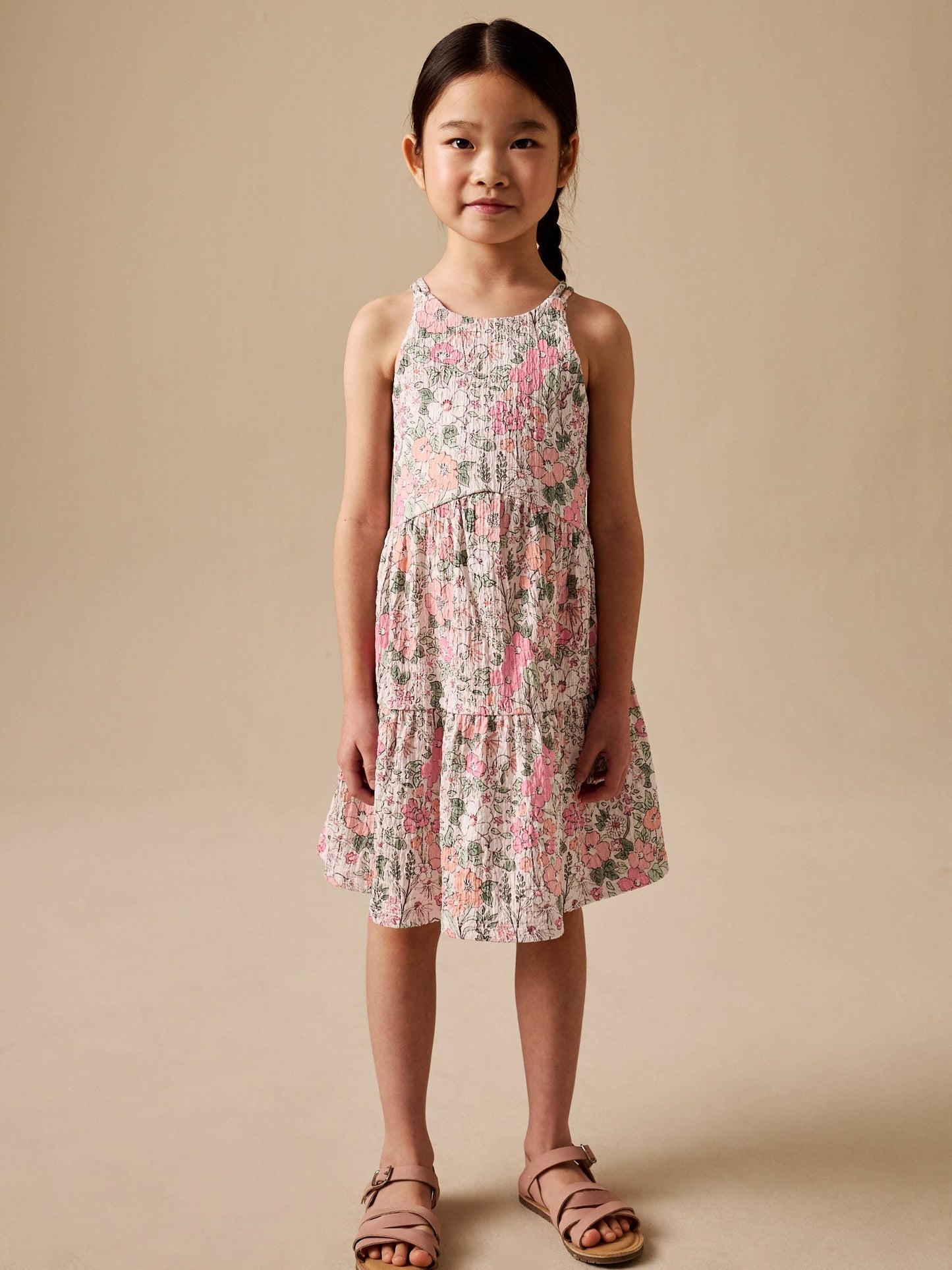 Pink Flower Print Strappy Crinkle Summer Dress (3-16yrs) image 2