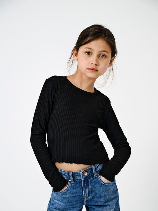 Dsiney Kidz - ONLY KIDS Black Long Sleeve Ribbed T-Shirt With Lettuce Edge image 1