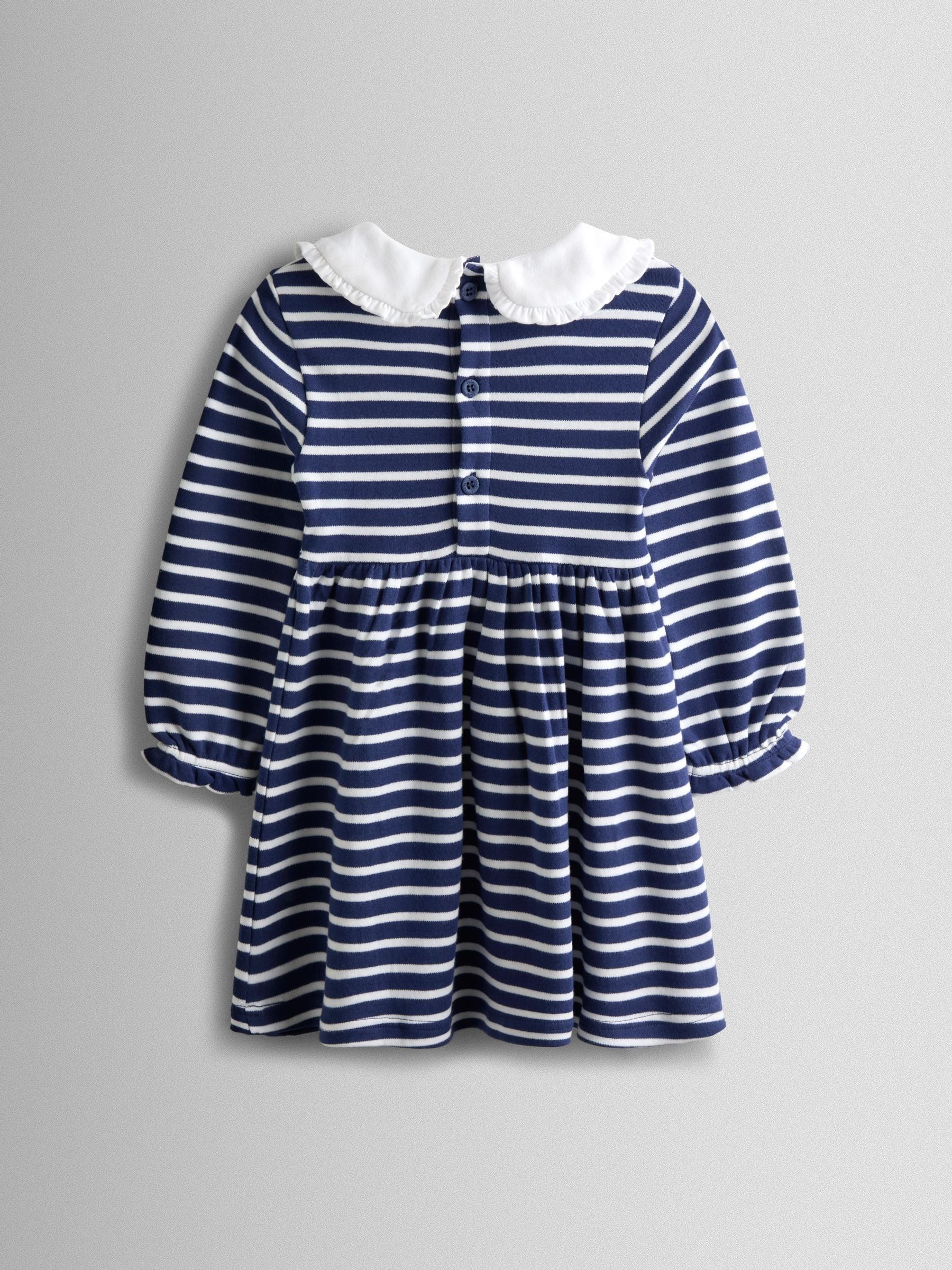 JoJo Maman Bébé Navy Blue Stripe Classic Peter Pan Collar Dress image 3