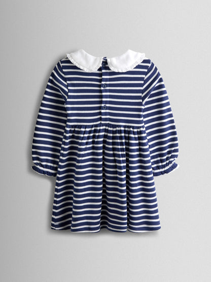 JoJo Maman Bébé Navy Blue Stripe Classic Peter Pan Collar Dress image 3