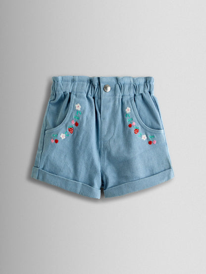 JoJo Maman Bébé Blue Floral Embroidered Twill Shorts image 1